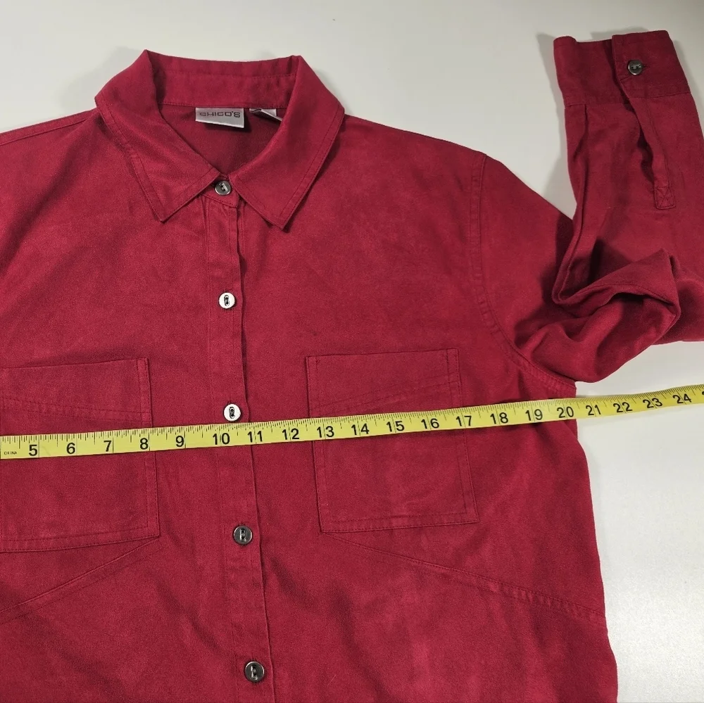 Chico's Women's Hot Pink Faux suede button up blouse Long Sleeve size 1 (M) EUC